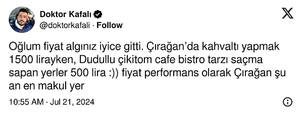 Sosyal medyada da bir kullanıcı Çırağan ile diğer herhangi bir mekandaki kahvaltı fiyatını kıyasladı. Haklı bir isyanda bulundu. İşte o paylaşım👇