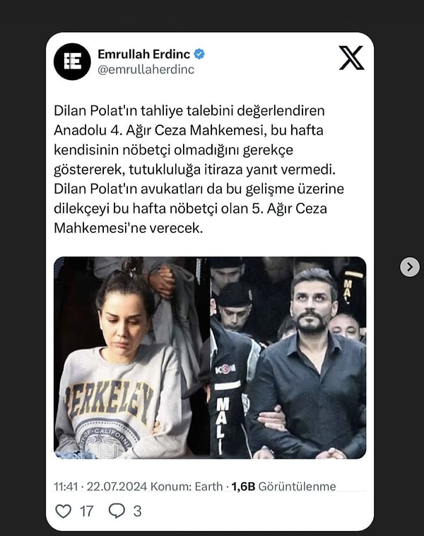 Ardından konuyla ilgili tam detayları yazan gazeteci Emrullah Erdinç'se "Dilan Polat'ın tahliye talebini değerlendiren Anadolu 4. Ağır Ceza Mahkemesi, bu hafta kendisinin nöbetçi olmadığını gerekçe göstererek, tutukluluğa itiraza yanıt vermedi" ifadelerini kullandı.