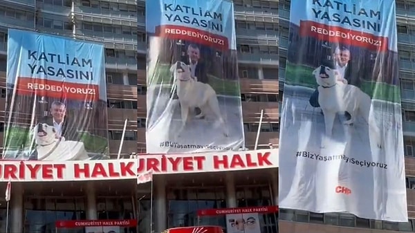 Sokak hayvanlarının 'uyutulmasını' (öldürülmesi)  içeren yasa teklifinin görüşmeleri devam ederken, CHP Genel Merkezi binasına pankart asıldı.