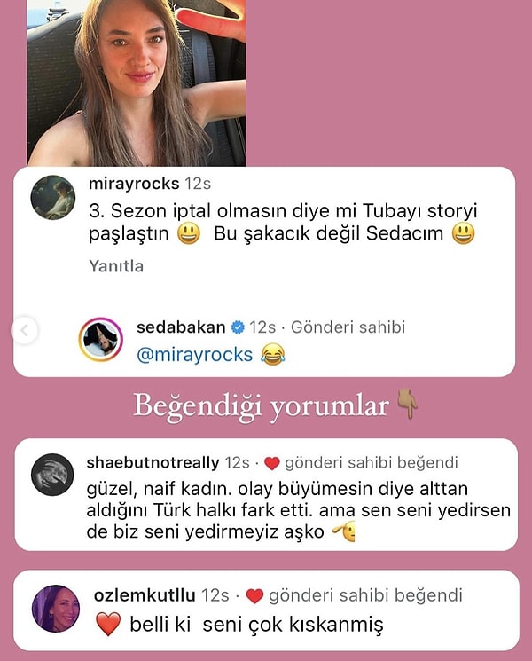 Rol arkadaşıyla "Sorun yok, aramız iyi" minvalindeki paylaşımlarından kısa süre sonra Büyüküstün'ü gömen yorumlara beğeni atan Seda Bakan "n'oluyor şimdi?" dedirtmişti.