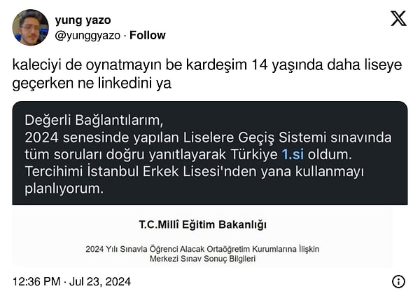 Bu kez henüz LGS'den çıkan bir öğrenci, sınavda 1'inci olduğunu 'değerli bağlantılarıyla' paylaştı!