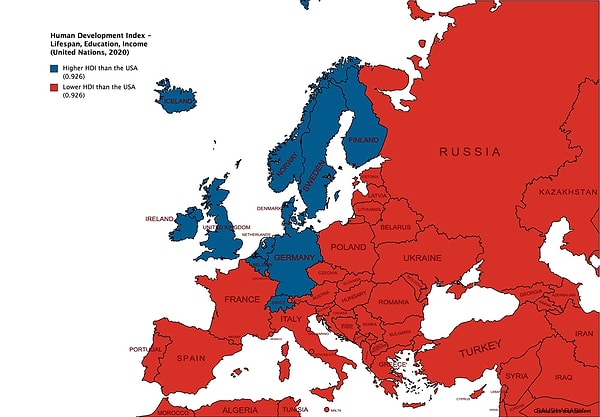 4. İnsani Gelişme Endeksi'nde ABD'den daha önde olan ülkeler mavi renkte.