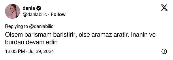 Buraya kadar her şey tamamdı ama tweetin devamı geldi... "Ölsem barışmam barıştırır, ölse aramaz aratır, inanın ve buradan devam edin" diyen, aşk hayatını da şu sıralar pek bir gizemli tutan Danla Bilic'in sözleri hem beyin yaktı hem de "acaba ex'lerden birine mi dönüş yaptı da bunu yazdı?" sorusunu akıllara getirdi!😂