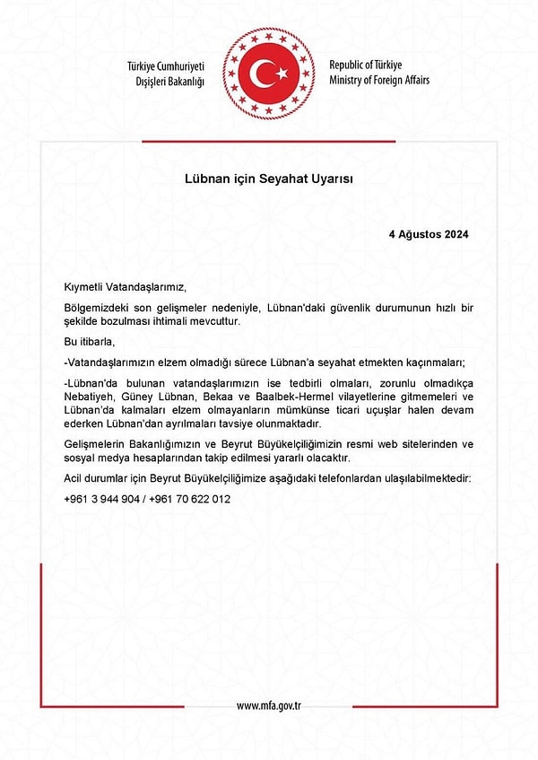 Acil durumlar için Türkiye'nin Beyrut Büyükelçiliği'nin telefon numarası da paylaşıldı.👇