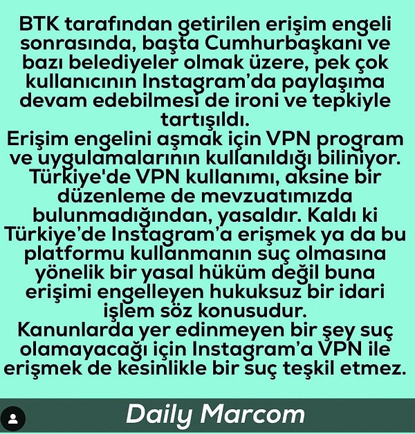 ''Markaların VPN ile Instagram'da Paylaşım Yapması Suç Teşkil Eder mi?'' sorusu hakkında da şöyle bir açıklama geldi👇