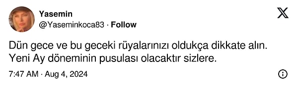 Yasemin Koca 3 ve 4 Ağustos gecesi görülen rüyalar hakkında bir uyarıda bulundu. Yeni Ay döneminin bir pusulası niteliğinde olacağını dile getirdi.