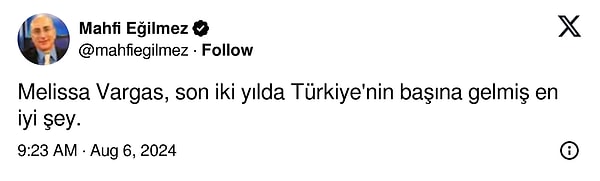 Ekonomist Mahfi Eğilmez, maçtan 42 sayıyla ayrılan Melissa Vargas için "Vargas, son iki yılda Türkiye'nin başına gelmiş en iyi şey" yorumunda bulundu.