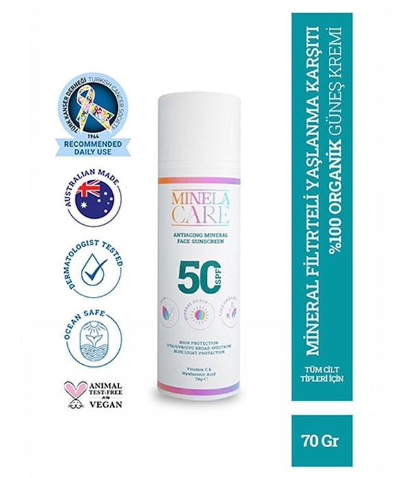 1. Minela Care Antiaging Organik Mineral Filtreli Yüz Güneş Kremi SPF 50