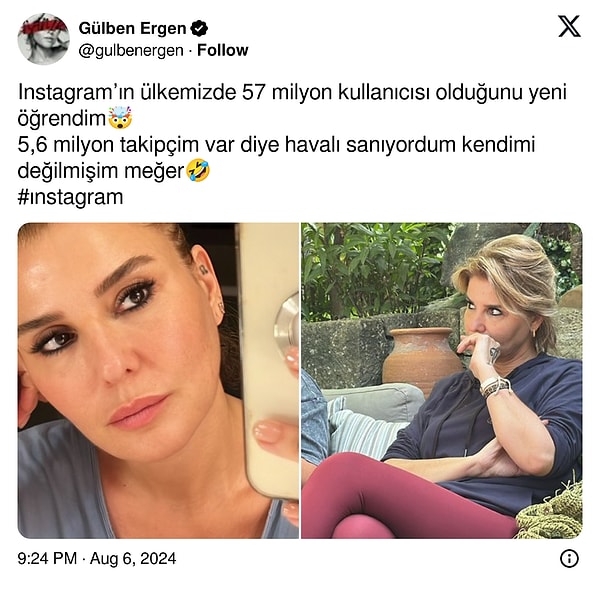 Ülkemizde Instagram uygulamasının 57 milyon kişi tarafından kullanıldığını öğrenen Gülben Ergen bu sefer havayı yumuşattı ve esprili bir paylaşımda bulundu!