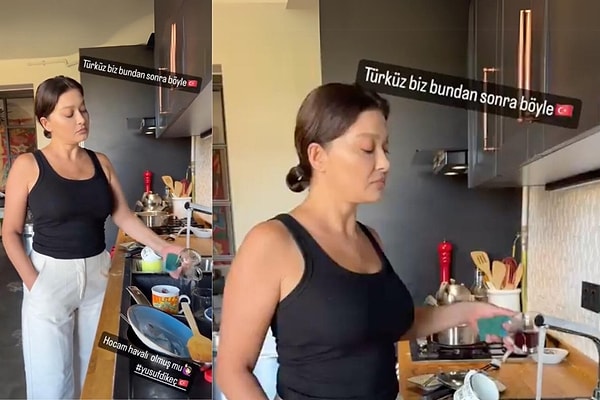 Paylaşımlarıyla dikkat çeken oyuncu Nurgül Yeşilçay da yemek yaparken ciddi bir ifade takınıp elini cebine atarak çektiği videosuna Yusuf Dikeç'i etiketleyip "Hocam havalı olmuş mu?" diye sormuştu.