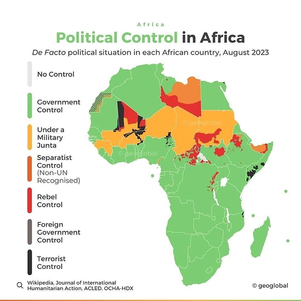 1. Afrika'daki politik durum. Yeşiller hükümet kontrolü, sarılar askeri cunta, kırmızılar isyancı gruplar.