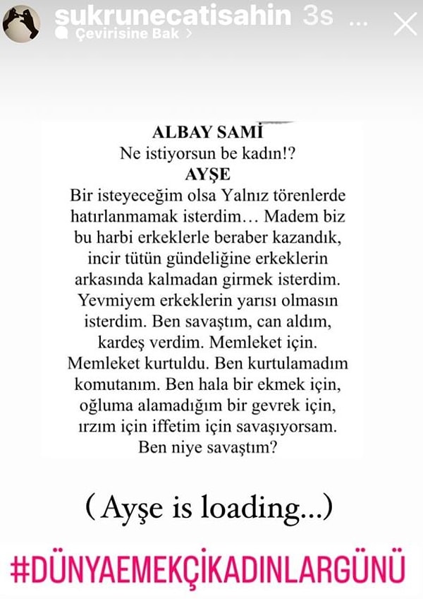 Sosyal medya hesabından diziye ait senaryodan kısa bir kesit paylaşan Şahin, İzmir’in şanlı Kurtuluş mücadelesi yıllarında geçen dizide Ayşe adlı köylü bir kadınının şapka devrimiyle beraber kaderini yeniden yazıp bir stil ikonuna dönüşme hikâyesini kaleme alacak.