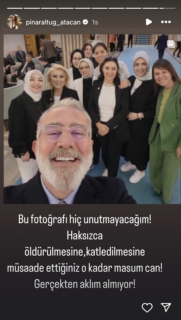 Ünlü oyuncu AK Parti İstanbul Milletvekili Seda Gören Bölük'ün paylaşımını hikayesine ekleyerek "Bu fotoğrafı hiç unutmayacağım. Haksızca öldürülmesine, katledilmesine müsaade ettiğiniz o kadar masum can! Gerçekten aklım almıyor" dedi.