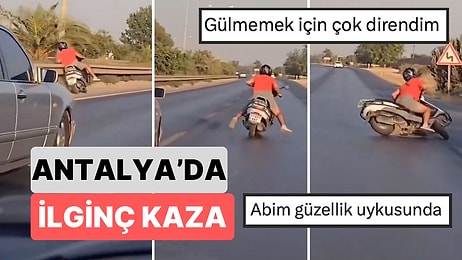 Antalya'da Bir Motosiklet Sürücüsünün Bir Anlık Dalgınlıkla Yaptığı İlginç Kaza Bir Aracın Kamerasına Yansıdı