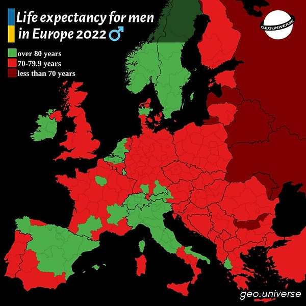 5. 2022'de yapılan bir araştırmaya göre erkeklerin ortalama tahmini ömrü. Yeşiller 80 yaş ve üstü, kırmızılar 70-80 aralığı, koyu kırmızılar 70 yaş altını temsil ediyor.