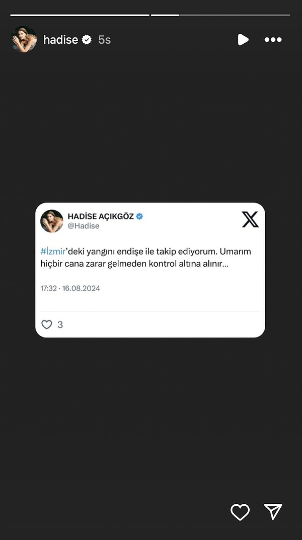 Hadise'den İzmir yangını paylaşımı geldi.