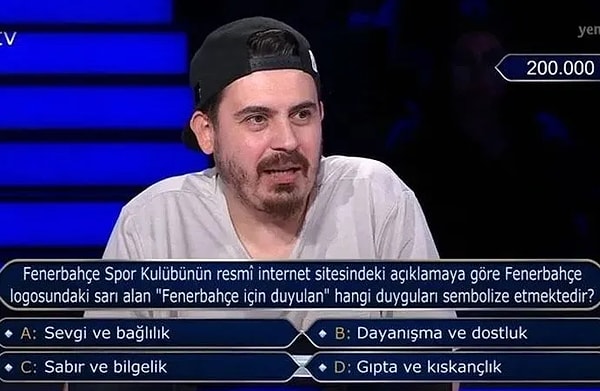 Fenerbahçe Spor Kulübü'nün resmi internet sitesinde yer alan bilgiye dayanarak sorulan soru şu şekildeydi: "Fenerbahçe logosundaki sarı renk, Fenerbahçe'ye duyulan hangi duyguları temsil eder?"