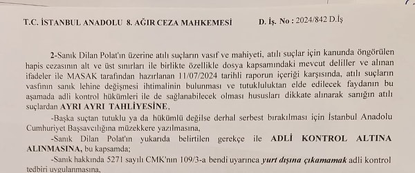 Hakkında para aklama, vergi kaçırma gibi pek çok dava açılan Polat'ın tutuksuz yargılanmasına karar verildi.