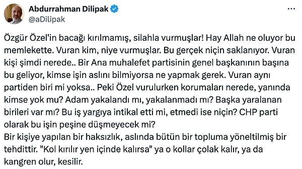 Dilipak’ın iddiasına göre; Özgür Özel’in ayağı kırılmamış, Özgür Özel silahla vurulmuş! İşte Abdurrahman Dilipak’ın iddiası: