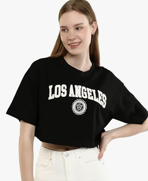 Siyah Los Angeles Baskı Detaylı Crop T-shirt