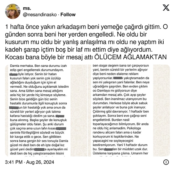 Kullanıcı, bir hafta önce yakın arkadaşının evine yemeğe gittiğini ve sonrasında arkadaşının kendisini sosyal medyadan engellediğini belirtti. Olayın ardından, arkadaşının eşinden gelen bir mesaj, durumu daha da karmaşıklaştırdı.