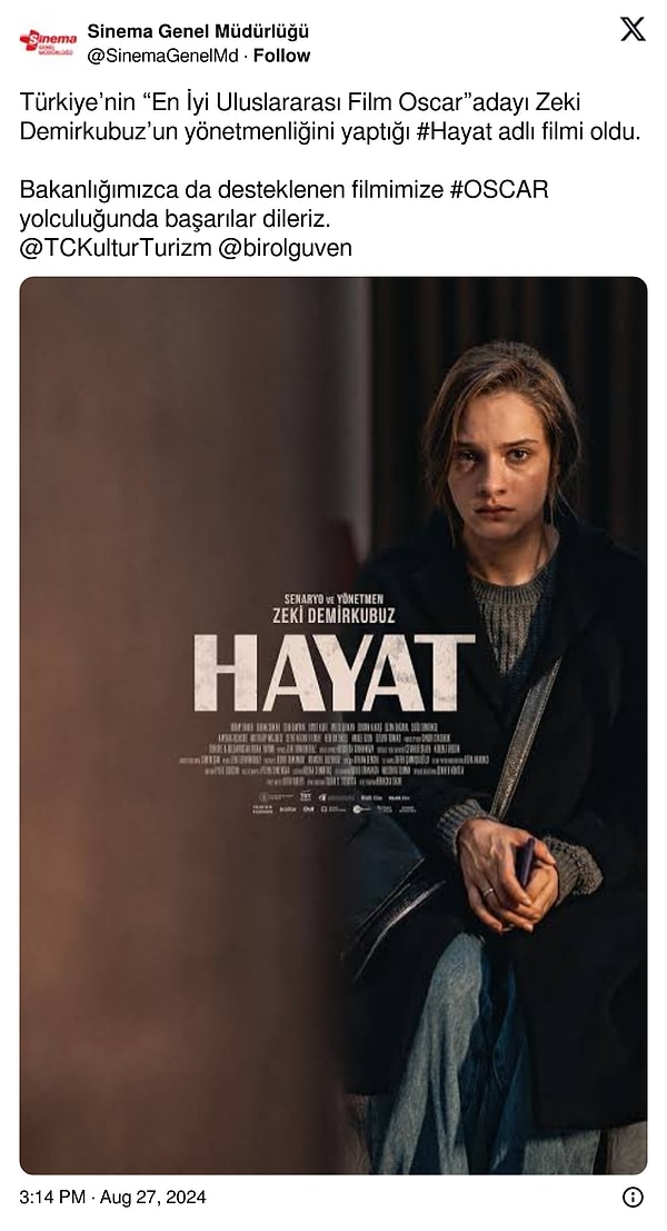 Sinema Genel Müdürlüğü, ünlü yönetmen Zeki Demirkubuz'un Hayat filminin Oscar'a aday gösterildiğini açıkladı.