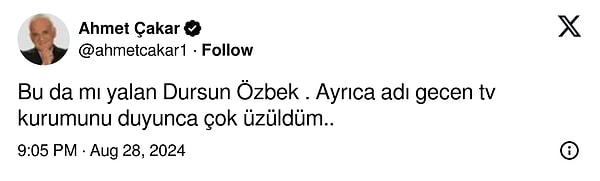 Kullanıcının büyük ses getiren iddiasını da paylaşarak, ''Ayrıca adı gecen tv kurumunu duyunca çok üzüldüm..'' dedi: