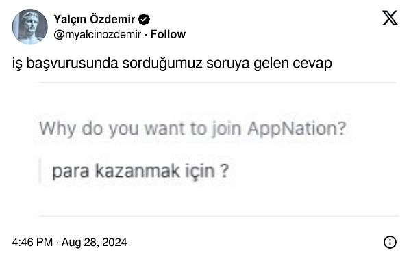 Yalçın Özdemir isimli bir Twitter kullanıcısı da kendi şirketinin sorduğu soruya gelen yanıtı paylaştı.