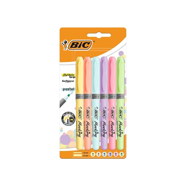 6. BIC Intensity Highlighter Grip Pastel Marker Fosforlu Kalem 6'lı Blister, Su Bazlı Mürekkep, 6 Pastel Renk, Kauçuk Tutaçlı