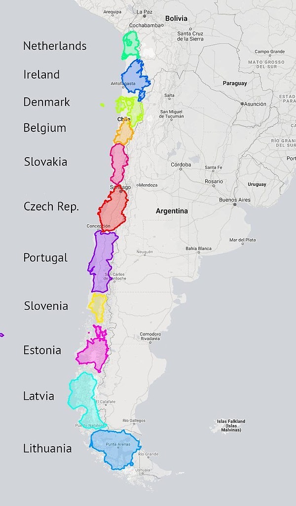2. Güney Amerika ülkesi Şili'ye, Avrupa'daki şu ülkelerin yüz ölçümleri sığıyor: İrlanda, Danimarka, Belçika, Slovakya, Çekya, Portekiz, Slovenya, Estonya, Letonya ve Litvanya.