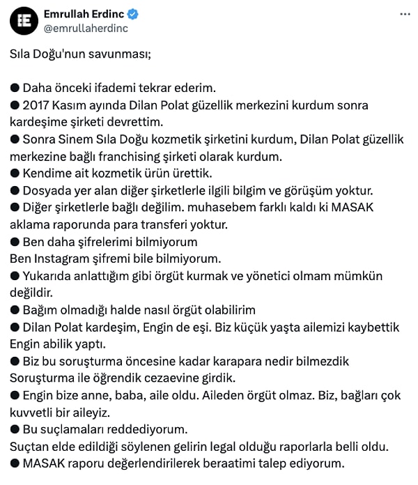 Dilan'dan birkaç ay önce serbest bırakılan ablası Sıla Doğu yaptığı savunmada "Ben daha şifrelerimi bilmiyorum  Ben Instagram şifremi bile bilmiyorum." dedi.