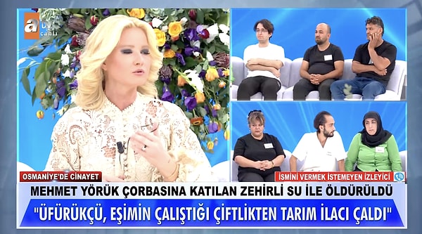 Ayrıca Mehmet Yörük'ün bu tarım ilacının çorbasına katılarak öldürüldüğünü iddia etti. Programda söz konusu ilacın ağızdan alınmasının öldürücü olduğu ve direkt mide rahatsızlıklarına sebep olduğu belirtildi.