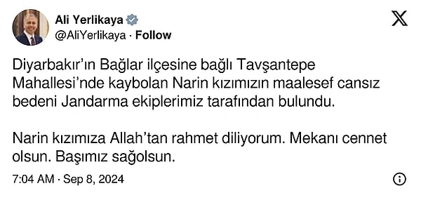 Diyarbakır’ın Bağlar ilçesinde 21 Ağustos'tan beri kayıp olan Narin'in cansız bedenine 8 Eylül Pazar sabahı ulaşıldı. Gazeteci Emrullah Erdinç Twitter hesabından yaptığı çarpıcı paylaşımda Narin'in cansız bedeninin bir çuval içinde bulunduğunu iddia etti.