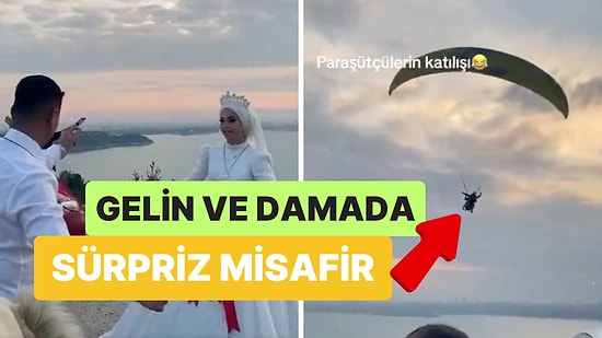 Gelin ve Damadın Eğlencesine Havada Çiftetelli Oynayarak Renk Katan Paraşütçüler