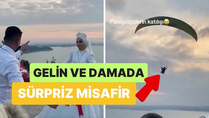 Gelin ve Damadın Eğlencesine Havada Çiftetelli Oynayarak Renk Katan Paraşütçüler