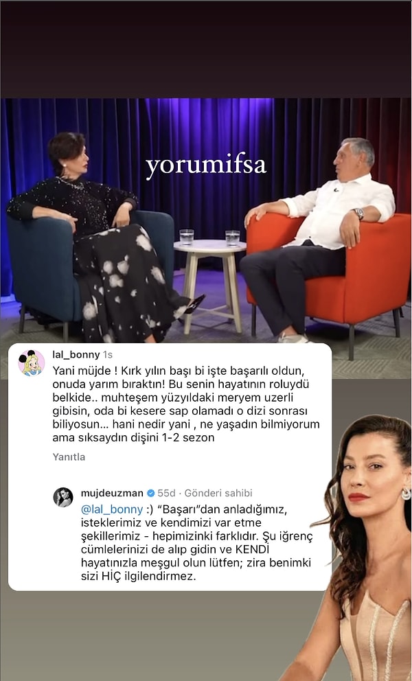 Uzman, kendisini Meryem Uzerli'ye benzeten takipçisine "Benim hayatım sizi hiç ilgilendirmez" diye yanıt vermişti.