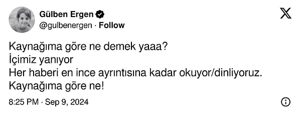 Bu açıklamanın ardından Gülben Ergen, "Kaynağıma göre ne demek ya?" diyerek Didem Arslan'a sert çıkmıştı.