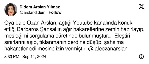 Didem Arslan bu konuşmalara istinaden yasal haklarını kullanacağını dile getirdi.