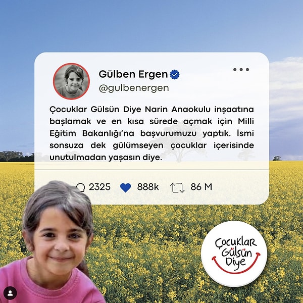 Hatırlarsanız Ergen, geçtiğimiz günlerde Narin Anaokulu inşaatına başlamak için Milli Eğitim Bakanlığı'na başvuru yaptığını açıklamıştı.