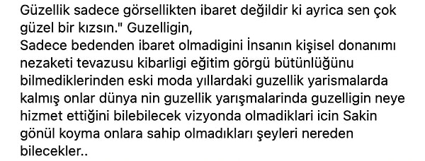 Güzelliğin sadece görsellikten ibaret olmadığını belirten Serengil, Bilgen'i eleştirenlere vizyonsuz demeyi de ihmal etmedi 👇🏻