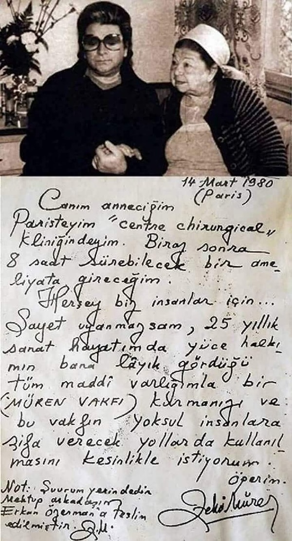 Ünlü sanatçı, yüksek ölüm riski bulunan bir ameliyata girmeden önce annesine bir mektup yazmış ve mektubunda tüm mal varlığını yoksul insanlara şifa olması amacıyla kurulacak 'Müren Vakfı'na bağışlamıştı.