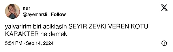 İşte o karakterlerden bazılarıyla karşınızdayız. X/Twitter'da @ayemarsli adlı bir kullanıcı, "Yalvarırım biri açıklasın SEYİR ZEVKİ VEREN KÖTÜ KARAKTER ne demek" diyerek bir akım silsilesini yeniden başlattı. Paylaşıma birbirinden kötü karakterler tek tek sıralandı.