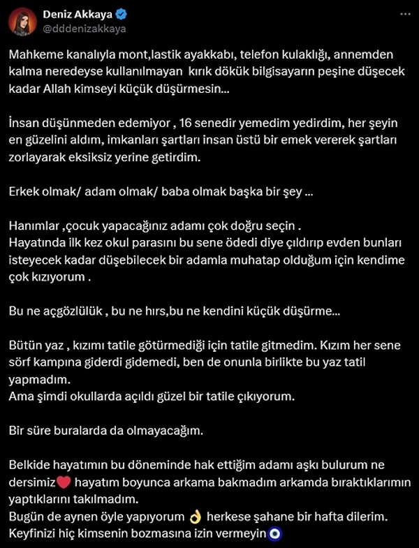 Verilen karar sonrası sosyal medya hesabından paylaşım yapan Akkaya, " Bir süre buralarda da olmayacağım. Belki de hayatımın bu döneminde hak ettiğim adamı aşkı bulurum ne dersiniz." açıklamalarında bulundu 👇🏻