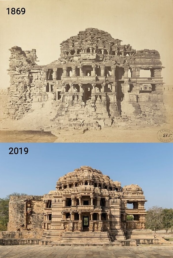 11. Sas-Bahu Tapınağı, Gwalior Kalesi, Gwalior, Hindistan. 1869 ve 2019. Tapınak 1093'te inşa edildi.