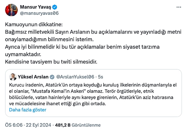 Mansur Yavaş'ın söz konusu tweeti: