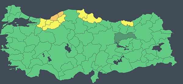 Sarı ve turuncu kodlu uyarı verilen iller şöyle: Bolu, Trabzon, Samsun, Bartın, Düzce, Sakarya, Sinop, Zonguldak, Karabük.