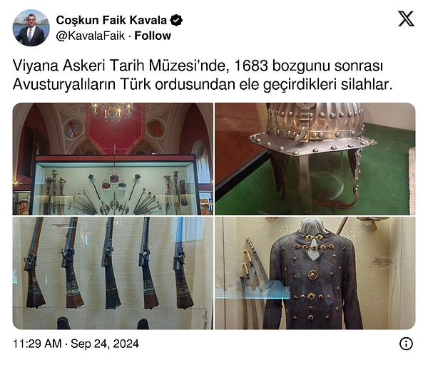 Kullanıcı, Osmanlı Tarihi'nde önemli bir yere sahip olan bu kuşatmanın etkilerini Viyana Askeri Tarih Müzesi'nde, 1683 bozgunu sonrası Avusturyalıların Türk ordusundan ele geçirdiği silahlar aracılığıyla yeniden gözler önüne sermiş oldu.