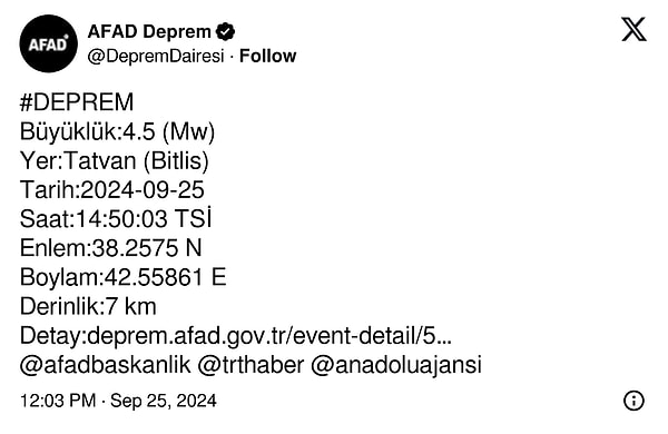 AFAD, depremin büyüklüğünü 4.5 olarak açıkladı. Saat 14.50’de gerçekleşen deprem yerin 7 kilometre derinliğinde oluştu.