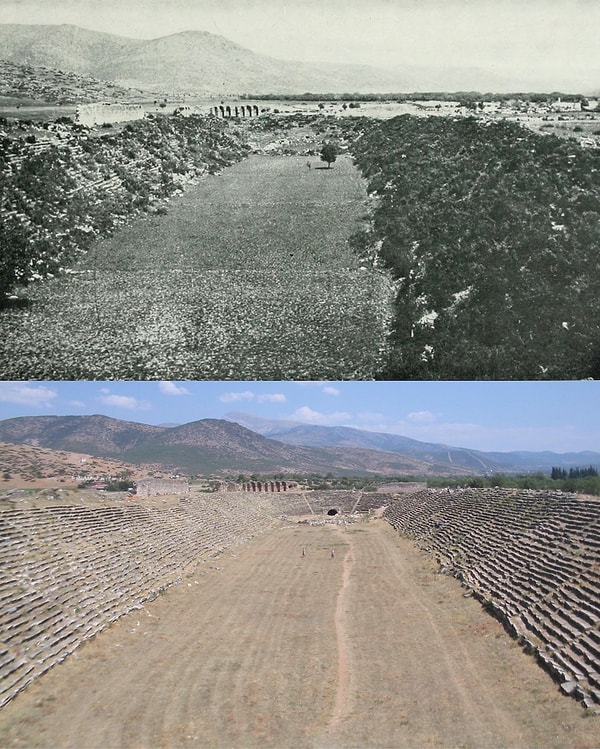 9. Aydın Geyre'de yer alan Aphrodisias Antik Kenti'nin Stadyum'u kazılmadan öncesi ve sonrası.