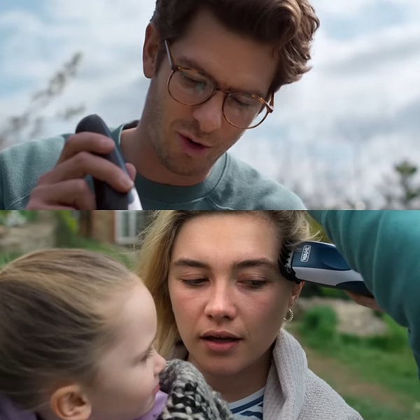 In the movie We Live in Time, Pugh’s hair is cut by Andrew Garfield.